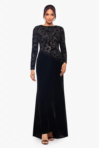 Betsy & Adam Sequin & Velvet Long Sleeve Gown In Black
