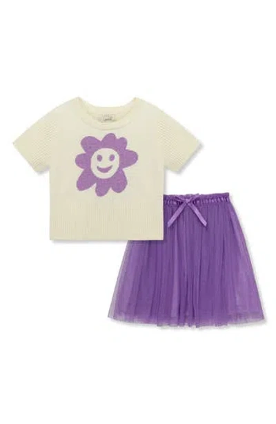 Peek Aren't You Curious Kids' Happy Flower Short Sleeve Sweater & Tutu Skirt Set In Brown