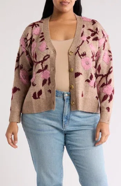 Dr2 By Daniel Rainn Floral Jacquard Button Front Cardigan In Brown