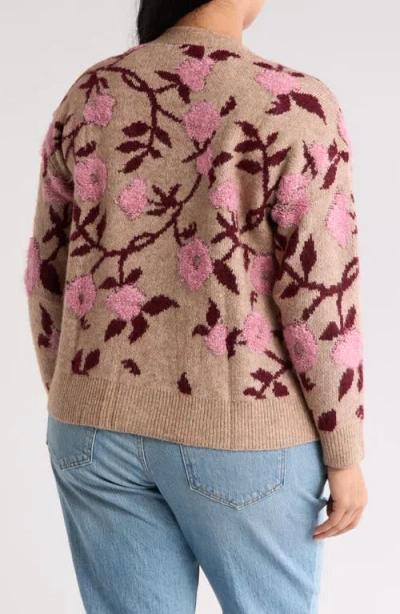 Dr2 By Daniel Rainn Floral Jacquard Button Front Cardigan In Brown