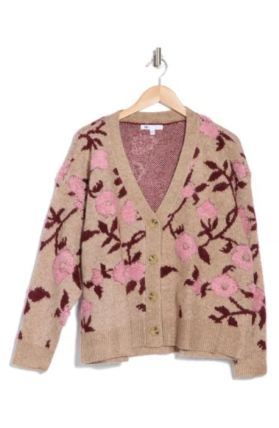 Dr2 By Daniel Rainn Floral Jacquard Button Front Cardigan In Brown