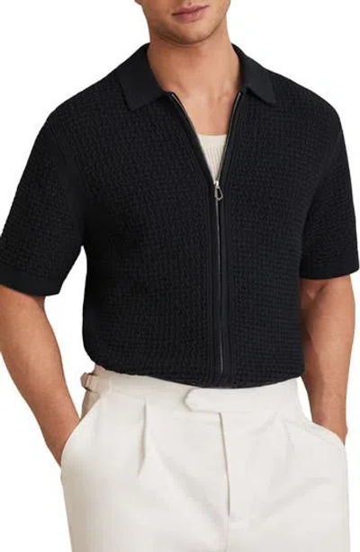 Reiss Comet Short Sleeved Zip Through Textured Shirt In Blue
