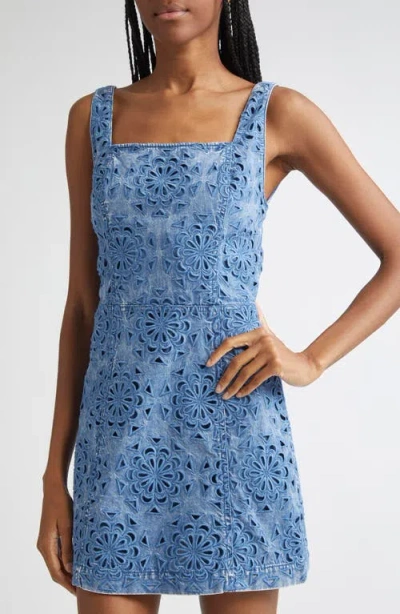 Alice And Olivia Maryann Floral Cutout Denim Dress In Avery Blue