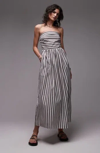 Topshop Stripe Strapless Cotton Midi Dress In Multi
