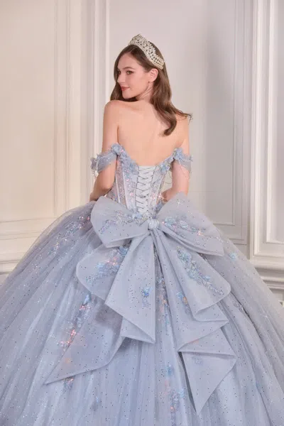 Ladivine 15728 Long Glitter Ball Gown 3d Floral Applique Quinceanera Dresses In Blue