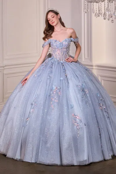 Ladivine 15728 Long Glitter Ball Gown 3d Floral Applique Quinceanera Dresses In Blue