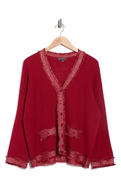 Adrianna Papell Fray Trim Waffle Knit Cardigan In Red