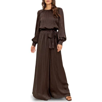Flying Tomato Woven Long Sleeve Jumpsuit In Brown