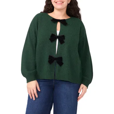 Cece Velvet Bow Closure Cardigan In Green
