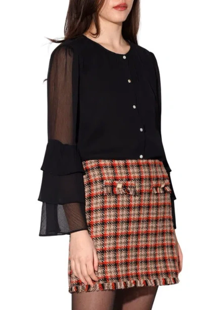 Walter Baker Dua Ruffle Long Sleeve Button-up Top In Black