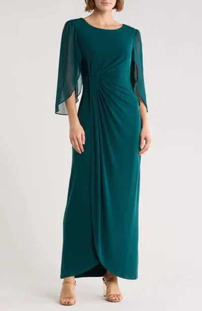 Connected Apparel Cape Sleeve Faux Wrap Gown In Green