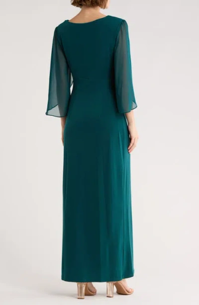 Connected Apparel Cape Sleeve Faux Wrap Gown In Green