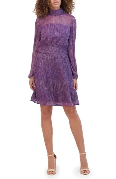 Kensie High Neck Shimmer Long Sleeve Dress In Purple