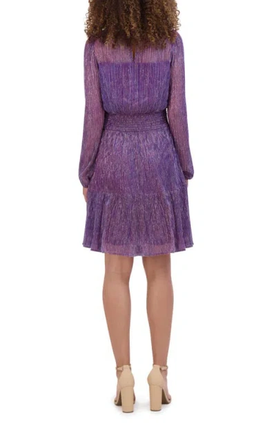 Kensie High Neck Shimmer Long Sleeve Dress In Purple