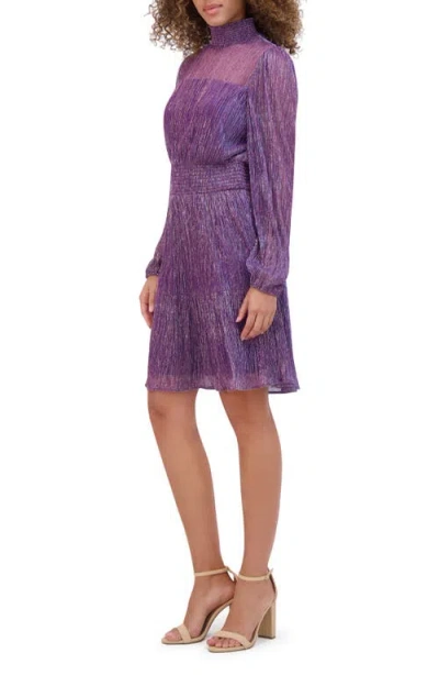 Kensie High Neck Shimmer Long Sleeve Dress In Purple