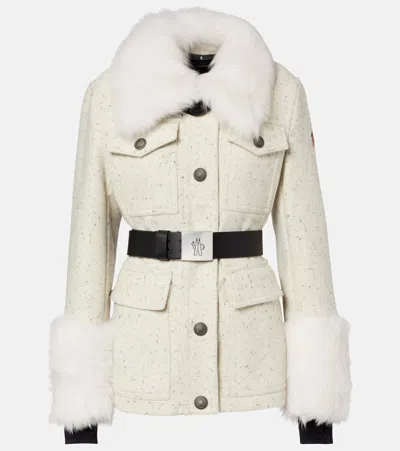 Moncler Devez Belted Shearling-trimmed Virgin Wool Down Ski Jacket In Brown