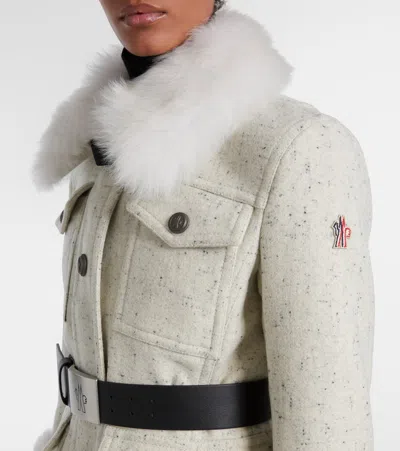 Moncler Devez Belted Shearling-trimmed Virgin Wool Down Ski Jacket In Brown
