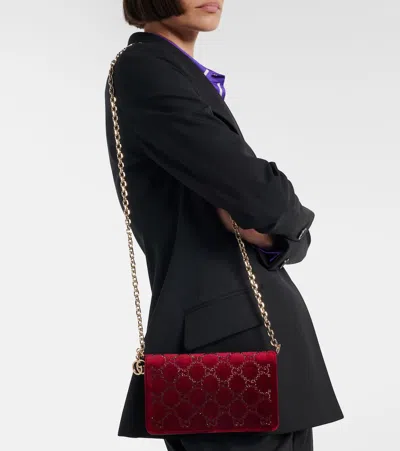 Gucci Gg Crystal Velvet Wallet On Chain In Red