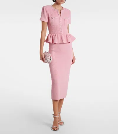 Self-portrait Waffle-knit Peplum Midi Dress In Pink