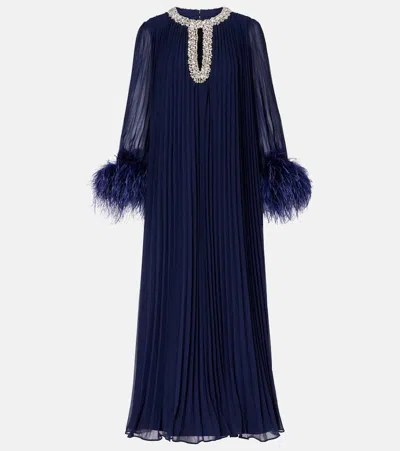 Self-portrait Embellished Feather-trimmed Chiffon Midi Dress In Blue