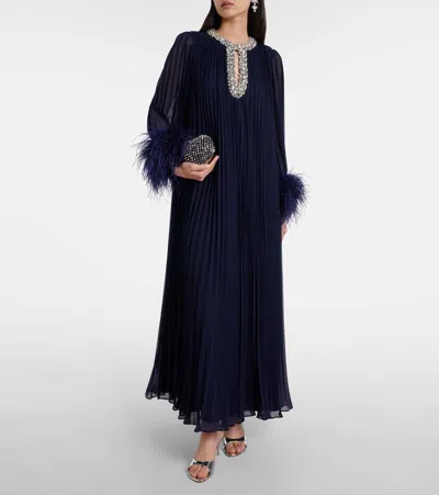 Self-portrait Embellished Feather-trimmed Chiffon Midi Dress In Blue