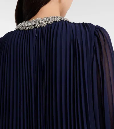 Self-portrait Embellished Feather-trimmed Chiffon Midi Dress In Blue