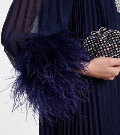 Self-portrait Embellished Feather-trimmed Chiffon Midi Dress In Blue