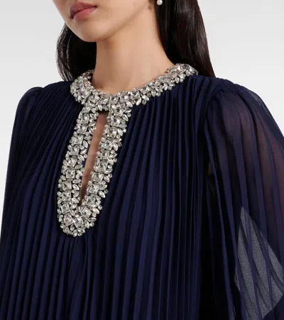 Self-portrait Embellished Feather-trimmed Chiffon Midi Dress In Blue