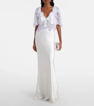 Self-portrait Fine Lace Satin Maxi Dress In White