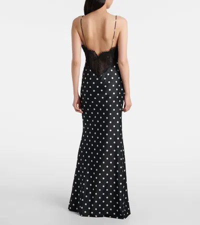 Self-portrait Polka-dot Lace-trimmed Satin Gown In Black