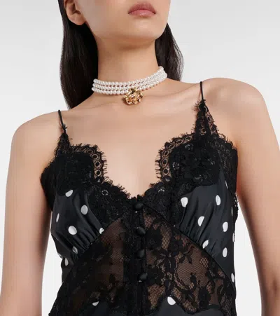 Self-portrait Polka-dot Lace-trimmed Satin Gown In Black