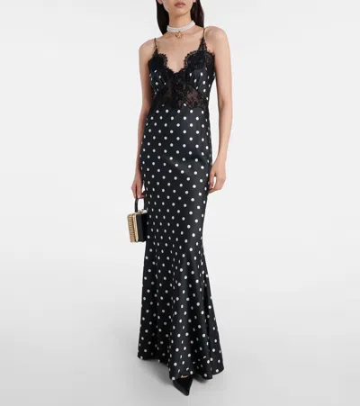 Self-portrait Polka-dot Lace-trimmed Satin Gown In Black