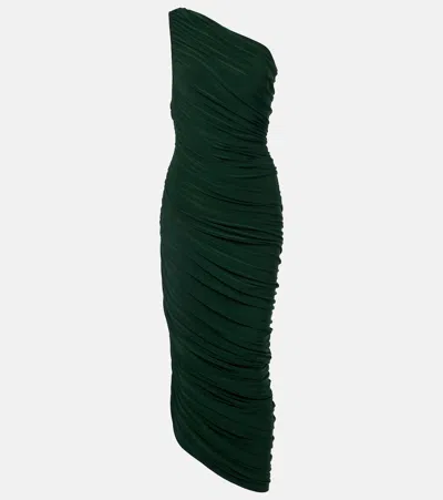 Norma Kamali Diana Green Midi Dress With Asymmetric And Draped Design In Tech Fabric Stretch Woman