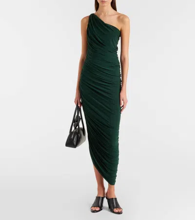 Norma Kamali Diana Green Midi Dress With Asymmetric And Draped Design In Tech Fabric Stretch Woman