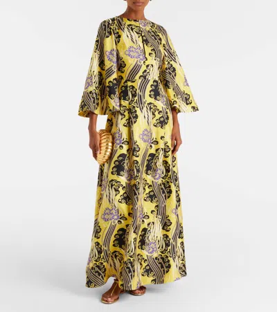 La Doublej Belle Cutout Printed Silk Maxi Dress In Yellow