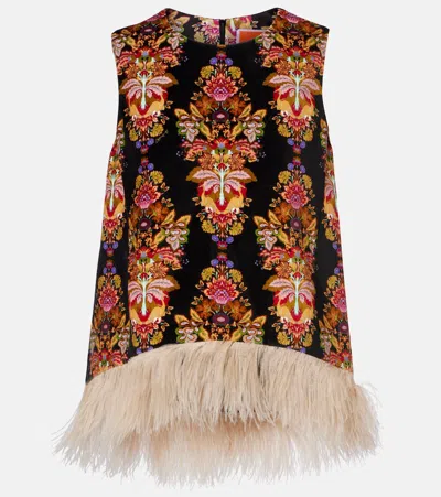 La Doublej La Scala Feather-trimmed Cotton Top In Multi