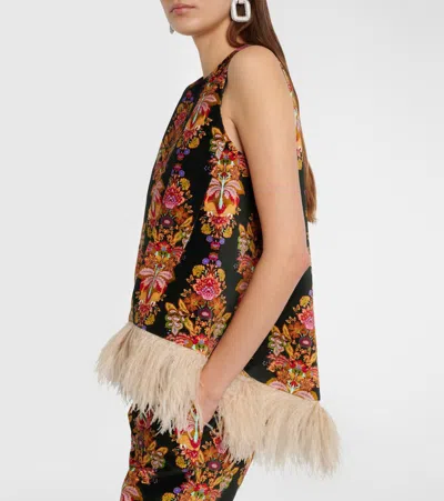 La Doublej La Scala Feather-trimmed Cotton Top In Multi