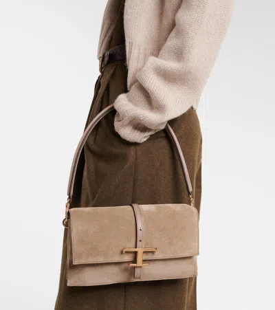 Tod's T Timeless Mini Suede Shoulder Bag In Brown