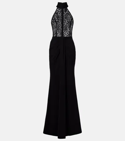 Rebecca Vallance Dixie Draped Halterneck Lace And Taffeta Gown In Black