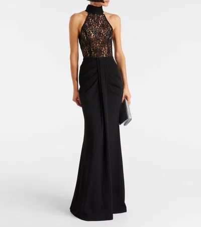 Rebecca Vallance Dixie Draped Halterneck Lace And Taffeta Gown In Black