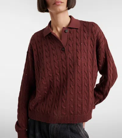 Brunello Cucinelli Cable-knit Cotton-blend Polo Sweater In Brown