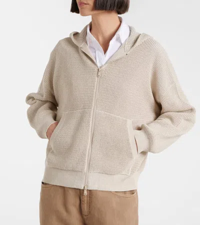 Brunello Cucinelli Open-knit Cotton-blend Lamé Zip-up Hoodie In Neutral