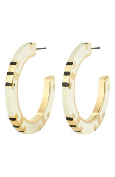 Tory Burch T-stripe Hoop Earrings In White