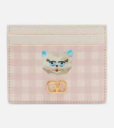 Valentino Vlogo Checked Leather Card Holder In Pink