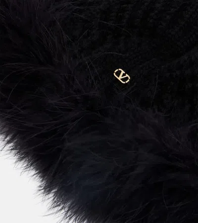 Valentino Vlogo Feather-trimmed Virgin Wool Beanie In Black