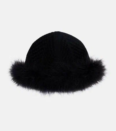 Valentino Vlogo Feather-trimmed Virgin Wool Beanie In Black