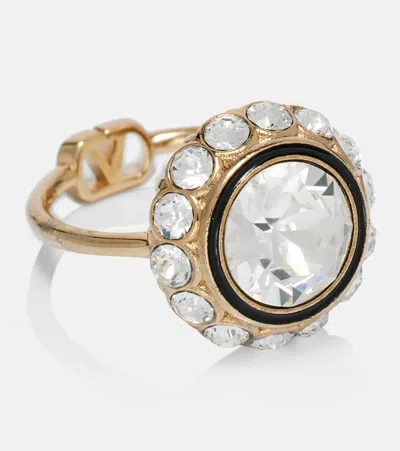Valentino Crystal-embellished Enamel Ring In Gold