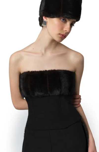 Apparis Ivy Stretch Crepe Corset Top With Faux Fur Trim In Black