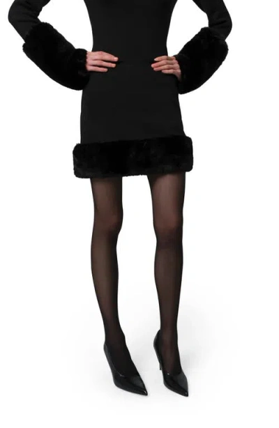Apparis Meadow Stretch Crepe Miniskirt With Faux Fur Trim In Black