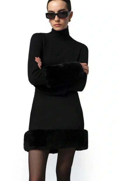 Apparis Meadow Stretch Crepe Miniskirt With Faux Fur Trim In Black